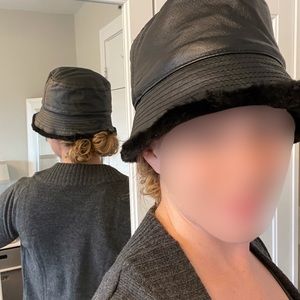 Black Leather Faux Fur-Lined Hat